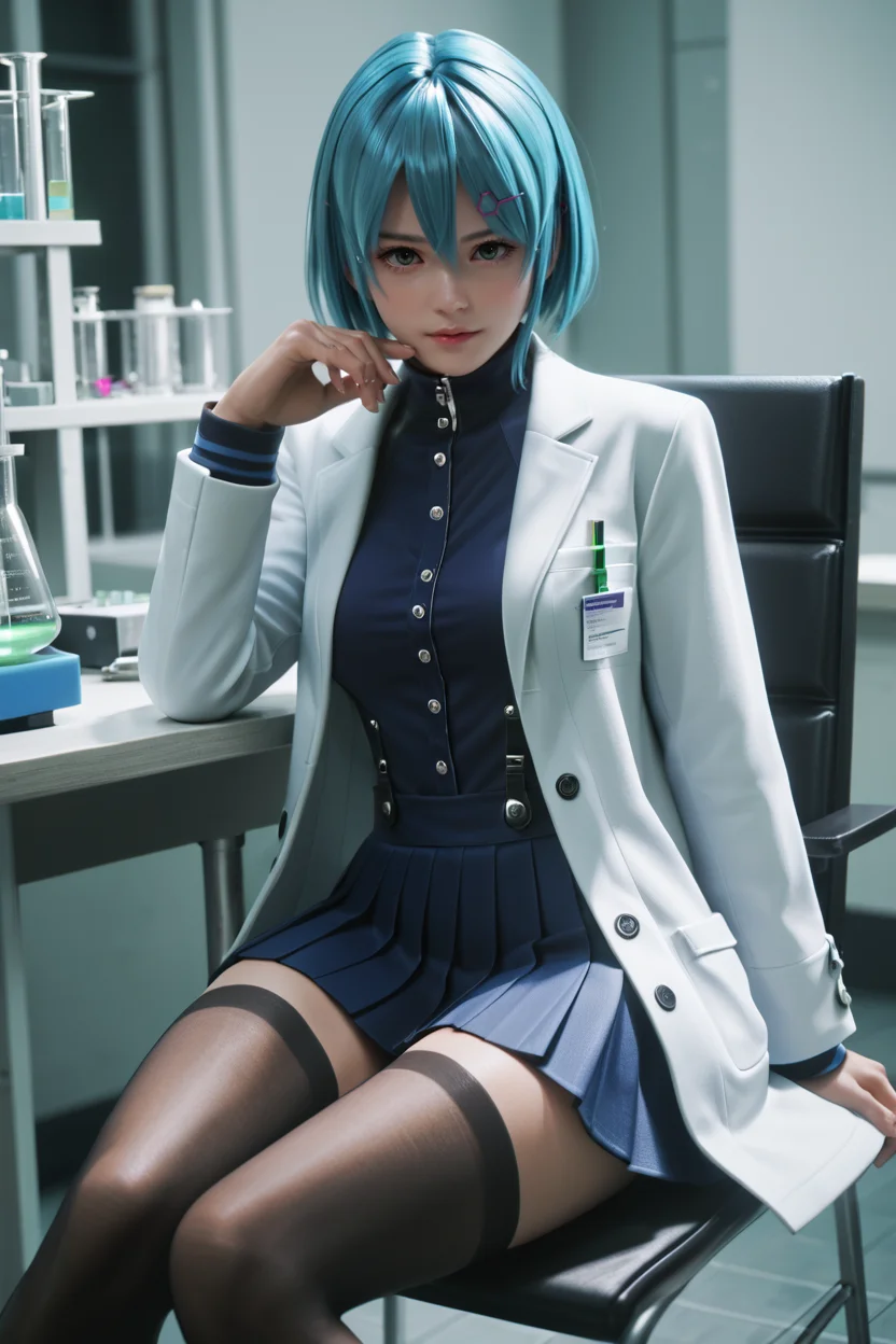 <lora:doa_nico:0.9> nico, lab coat, blazer, pleated skirt, laboratory, sitting, chair, thighhighs, score_9, score_8_up, score_7_up, zPDXL3