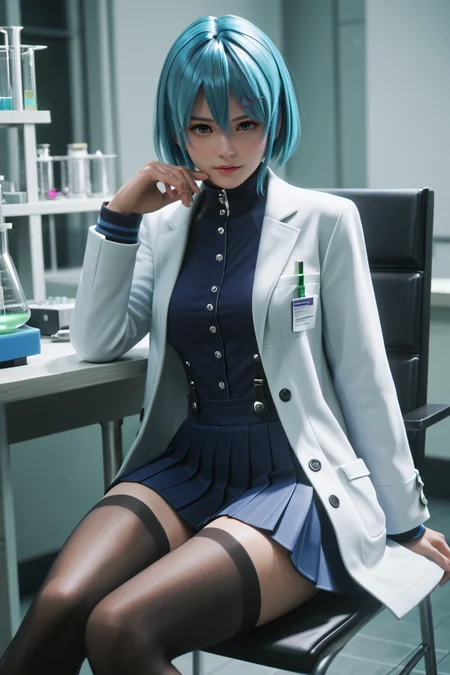 <lora:doa_nico:0.9> nico, lab coat, blazer, pleated skirt, laboratory, sitting, chair, thighhighs, score_9, score_8_up, score_7_up, zPDXL3