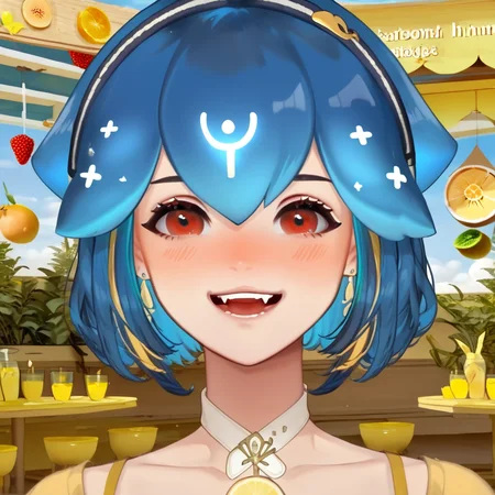 (score_9, score_8_up, score_7_up, score_6_up, score_5_up, score_4_up),
BaoTheWhale,lemon outfit,score_9,1girl,solo,looking at viewer,blush,smile,short hair,open mouth,bangs,blonde hair,red eyes,hair between eyes,blue hair,multicolored hair,earrings,teeth,virtual youtuber,fruit,fangs,portrait
 <lora:bao_vtuber_pony:0.8>
