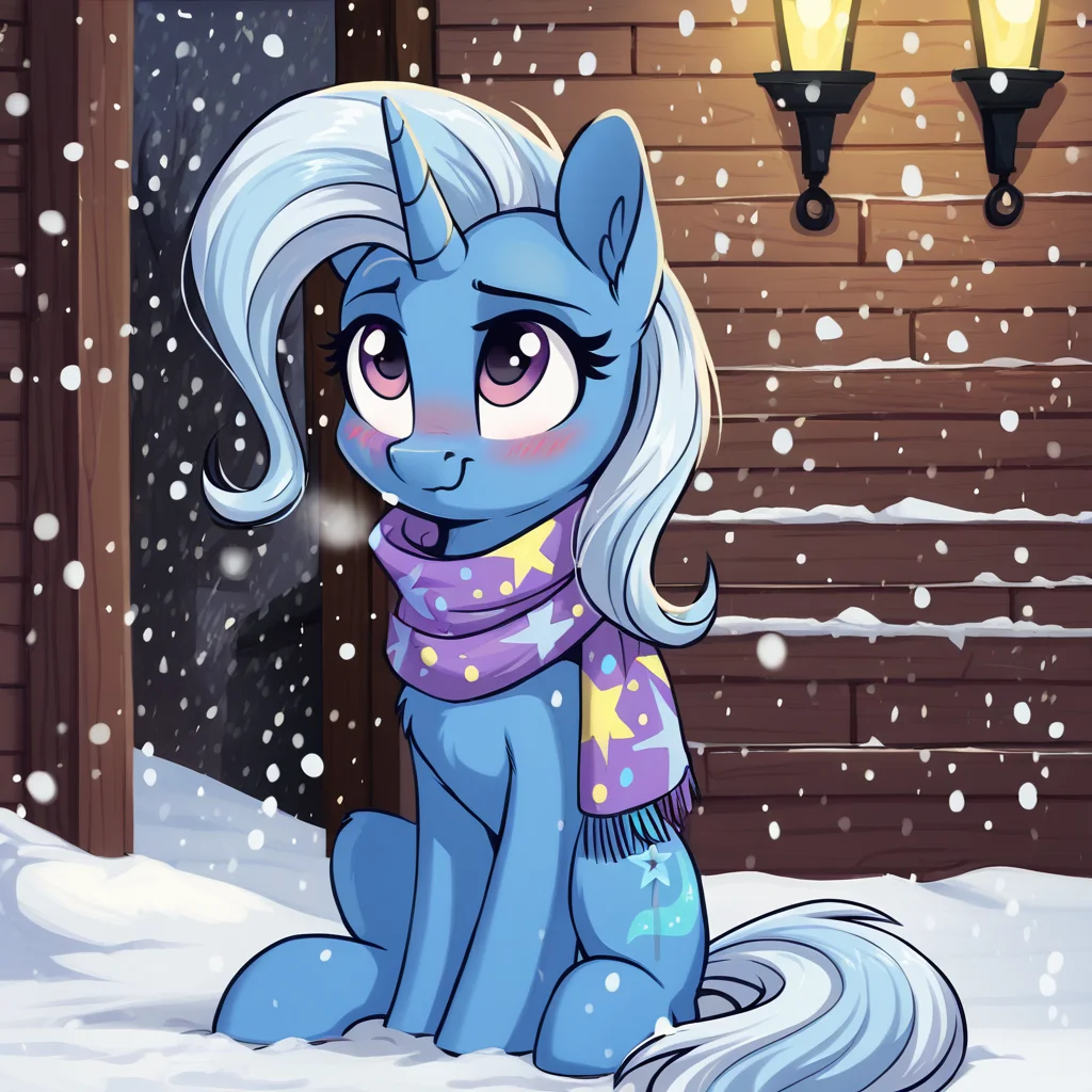 score_9, score_8_up, score_7_up, score_6_up, score_5_up, score_4_up, rating_safe, trixie, female, mare, pony, solo, unicorn, adorable face, blushing, clothes, cute, daaaaaaaaaaaw, high res, hnnng, horn, scarf, sitting, snow, winter, indoors, looking up, diatrixes, snowfall, g4, detailed, beautiful, detailed background, <lora:Wholesome-MLP-v1.3b:1>