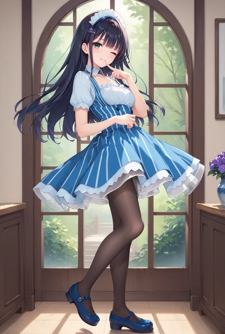score_9, score_8_up, score_7_up, score_6_up, score_5_up, score_4_up,anime,full body, finger to mouth,one eye closed,
ensemble style, sumire(ensemble),1girl,green eyes,black hair,long hair,purple flower hairpin,bangs,smile,
katoumaid, blue short dress,maid, maid headdress, puffy short sleeves, detached collar, frills, vertical stripes,
pantyhose,blue mary janes from side, standing on one leg, <lora:SumireXLPony-000009:1>,<lora:katoumaidXLPony:1>