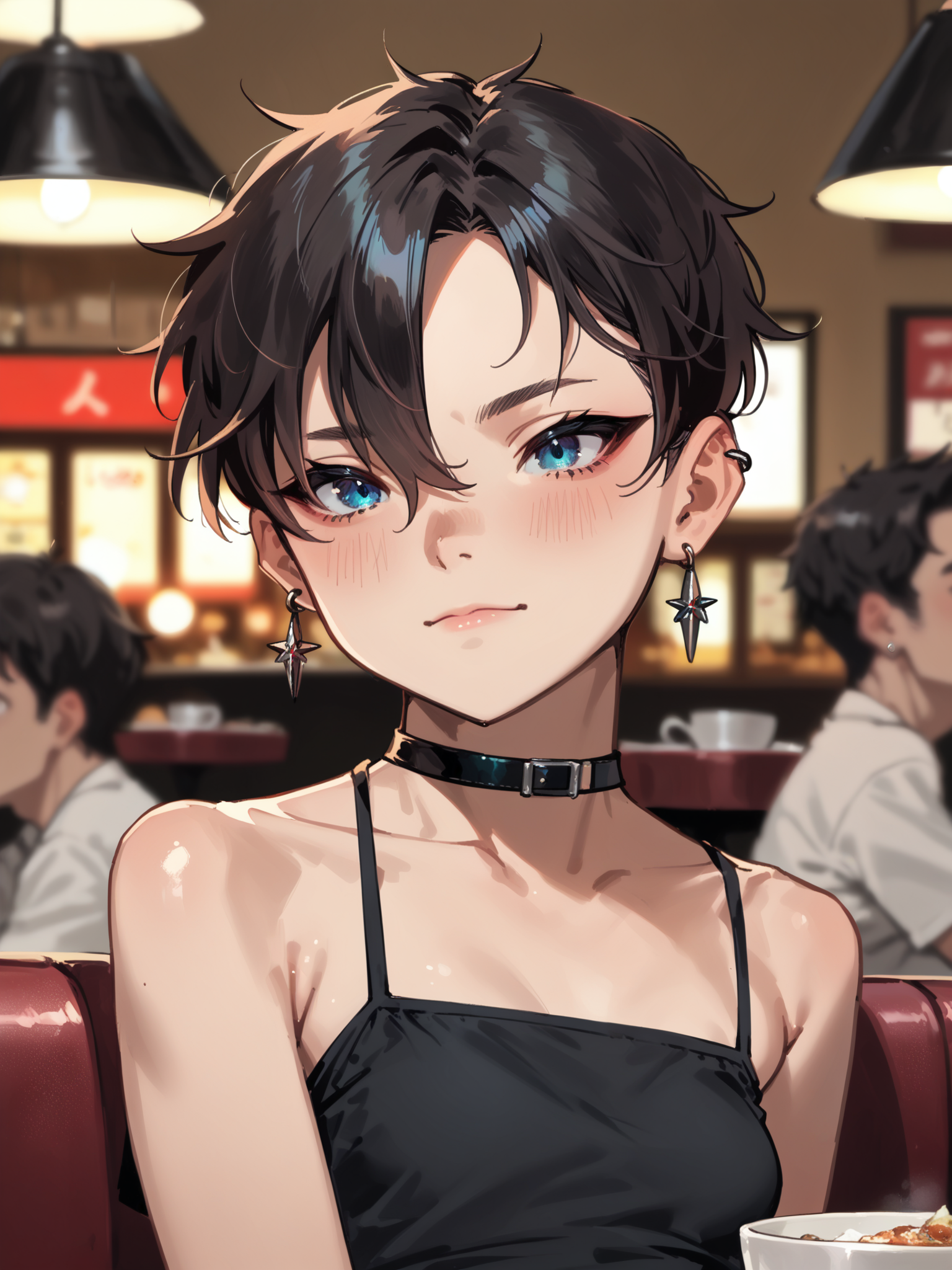 <lora:happy_tentacle-netsureina-v0.1:0.9>, ht_netsureina, earrings, choker, small breasts, blue eyes, black hair , furrowed brows, indoors, restaurant, table, (people:1.2), on lap cowboy shot, 1girl, (petite:1.2), solo focus, (looking at viewer:1.1), , (depth of field:0.8), (from below:0.8), [(realistic, photorealistic:1.2):(realistic:1.2):22], [(3d:1.2)::12], <lora:LUUNA's Lunas-NijiJourney-SDXL-B2:0.5>, nijijourney, <lora:prgfrg23's Counterfeit-V3.0 Style SDXL_LoRA_Pony Diffusion V6 XL:0.35>, <lora:Shed_The_Skin's StS_age_slider_v1_initial_release:-1>, score_9, score_8_up, score_7_up, score_6_up, score_5_up, score_4_up