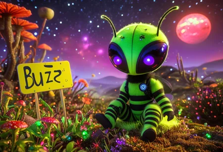 A friendly green alien with large expressive eyes, wearing a fluffy bee costume with black and yellow stripes, tiny wings, and fuzzy antennae, standing on an alien planet with vibrant, glowing flora and bioluminescent mushrooms. The alien holds a handmade sign that reads 'Buzz M3' in playful, glowing text. The sky is a deep purple with two moons visible, and the ground has a surreal, iridescent texture. The scene is illuminated by a soft, ambient glow, creating a whimsical and dreamlike atmosphere. Highly detailed, cinematic lighting, ultra-realistic textures, and vibrant colors.
Alien world. high-resolution, cinematic lighting, soft colors ((4k,8k,Ultra HD)),((Masterpiece :1.2)),((Best quality :1.2)),((Detailed :1.5)),((Detailed background :1.5))
