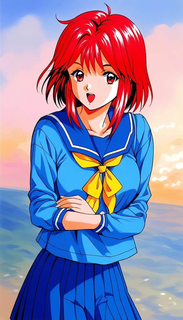 score_9, score_8_up, score_7_up, source_anime, rating_explicit, BREAK <lora:Asahina_Yuko_XL:1> AsahinaYuko, red hair, medium hair, red eyes, bangs, sidelocks, breasts,
1girl, school uniform, solo, blue skirt, serafuku, sailor collar, 1990s (style),
pleated skirt, open mouth, yellow bow, long sleeves, blue sailor collar,
looking at viewer, shirt, blue shirt,
outdoor, day, sky,