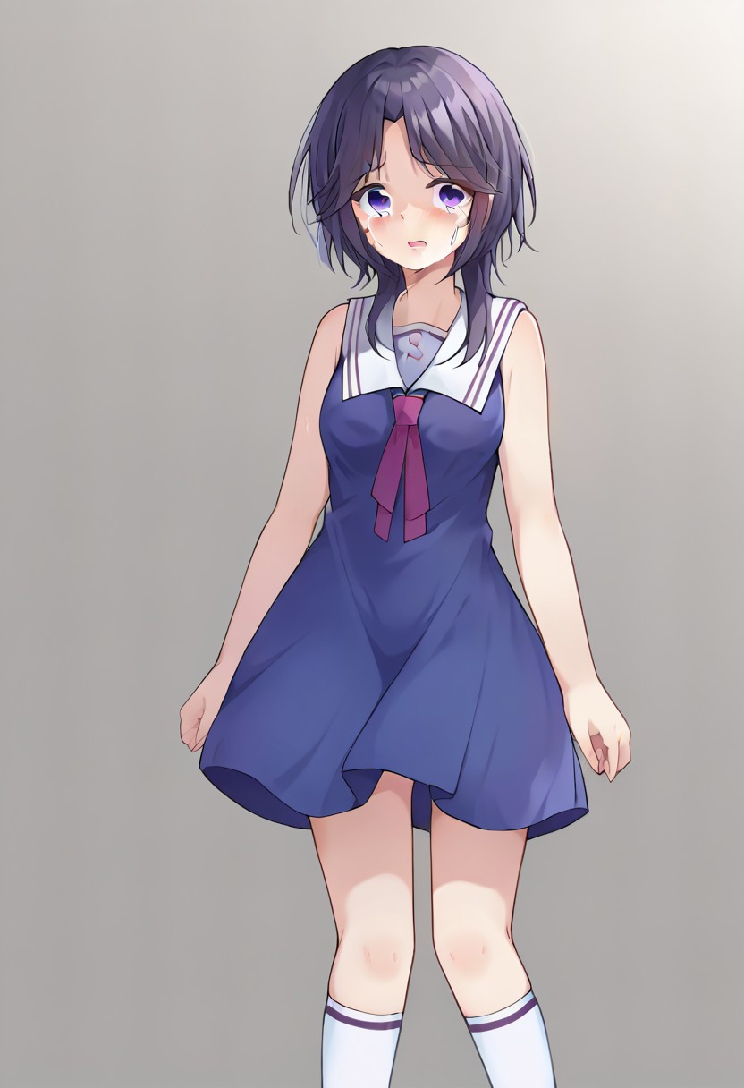 score_9, score_8, score_7, source_anime, hida shouko, 1girl, solo, blue dress, :d, medium breasts, tears, standing, sailor dress, serafuku, socks, sleeveless dress