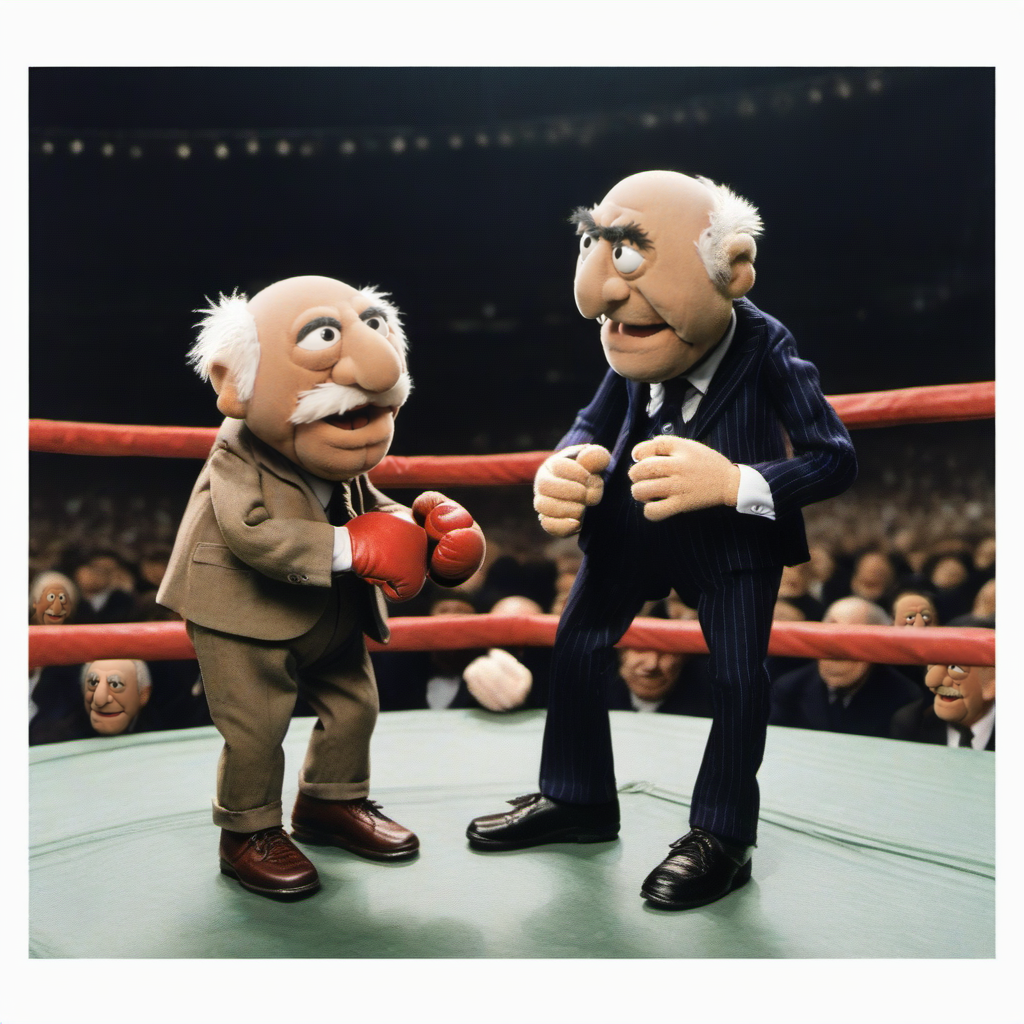 2 old bald muppets, both wear shorts and ((boxing gloves)) on a ring, crowded stadium <lora:StatlerWaldorf1024-000120:0.8>