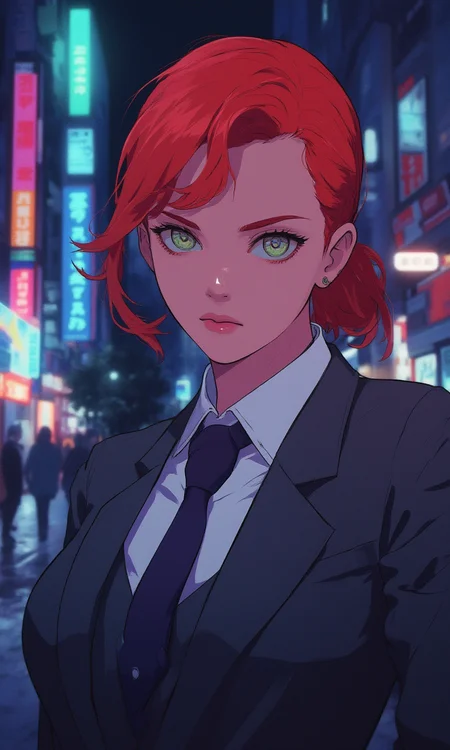mature woman wearing a suit and tie close up portrait photo , red hair, green eyes, closeup on facecyberpunk anime city at night, comic illustration<lora:Flux\mine\bigeyes.safetensors:0.0:0.0> <lora:Flux\CPA.safetensors:1.0:1.0>