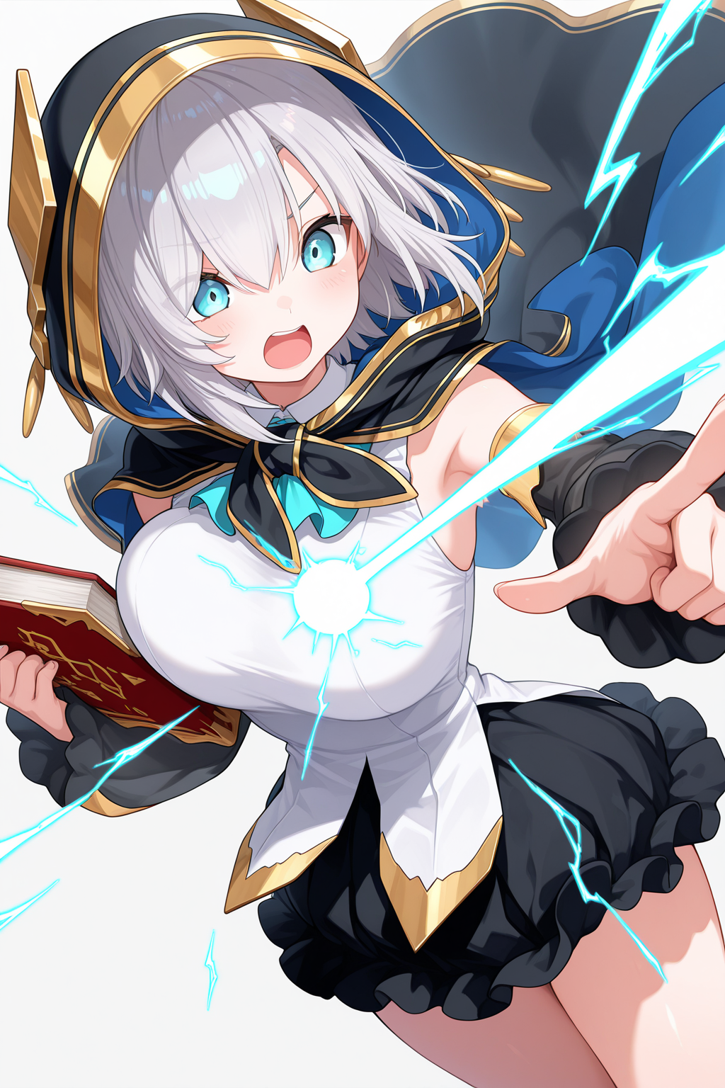 1girl, ArsAlmalNijisanji, 
general, solo, dynamic angle, half body,
short hair, grey hair, blue eyes,
hooded cape, shirts, large breasts,
detached sleeves,
black sleeves, 
black skirt,
open mouth,
battle, spell casting, (electric bolts), pulsating waves, pointing, holding book,
simple background, fantasy, 
<lora:kp_ArsAlmalNijisanji1stCostumeIllustrious_v1_0:1.0>,
masterpiece, best quality, amazing quality