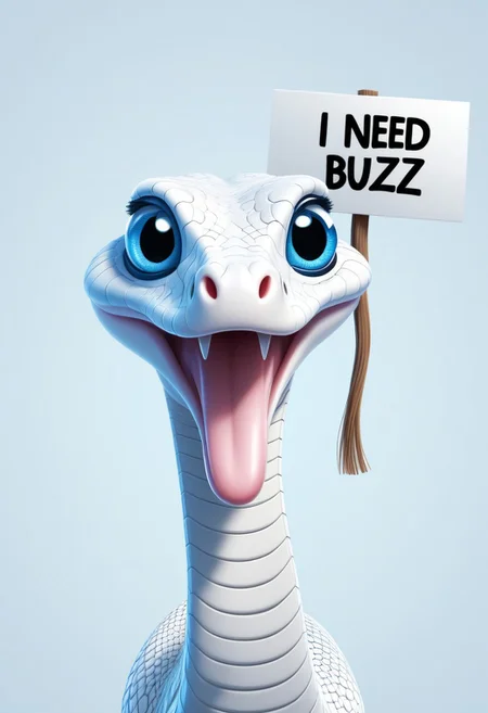 a picture of a white snake, blue eyes, long eyelashes, holding a sign in mouth that says: "I need buzz, please", sad, emotions, expressions, 2d, cartoon, dynamic, speedlines, expressive