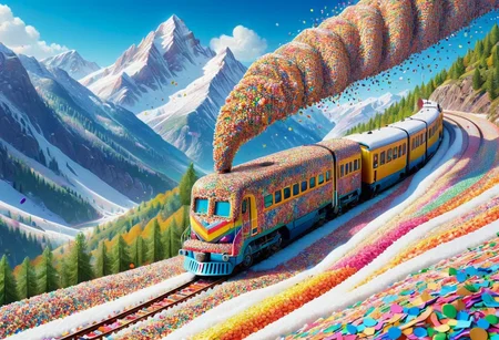 conf3tti, train made of confetti, rolling through a valley, mountains, vibrant colors, snow, masterpiece, best quality, very aesthetic <lora:Confetti_World_Morph:1>