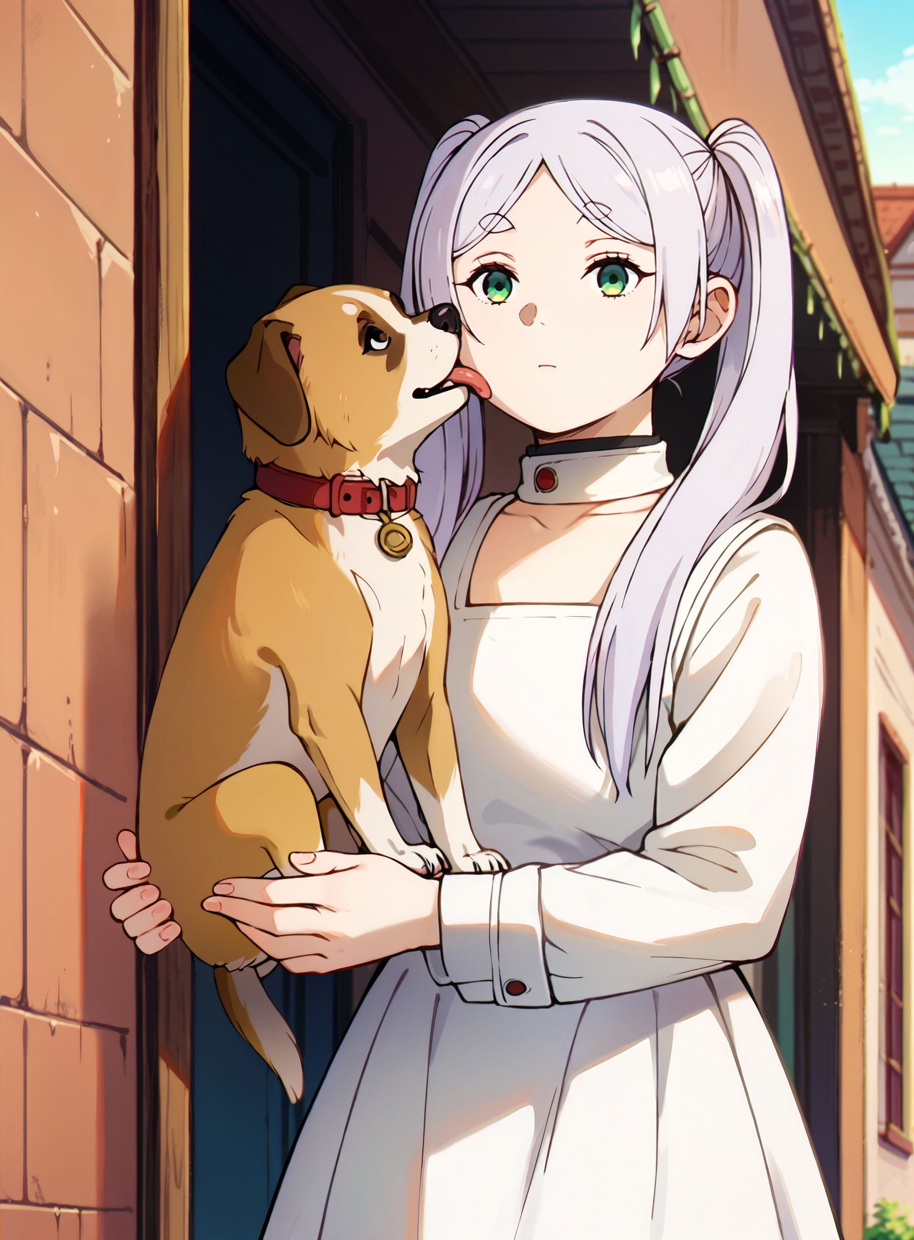 score_9, score_8_up, score_7_up, score_6_up,source_anime, 2d, 1girl, 1boy, dog, carrying, holding puppy, dog, puppy, wholesome, expressionless, FrierenSSnF, frieren, (facelick:1.2), licking face, (face licking:1.2), puppy licking face, tongue, parted bangs, close-up, expressionless, green eyes, twintails, white dress, medieval city background, <lora:SousouNoFrieren_FrierenXL:1>  <lora:facelick:1>