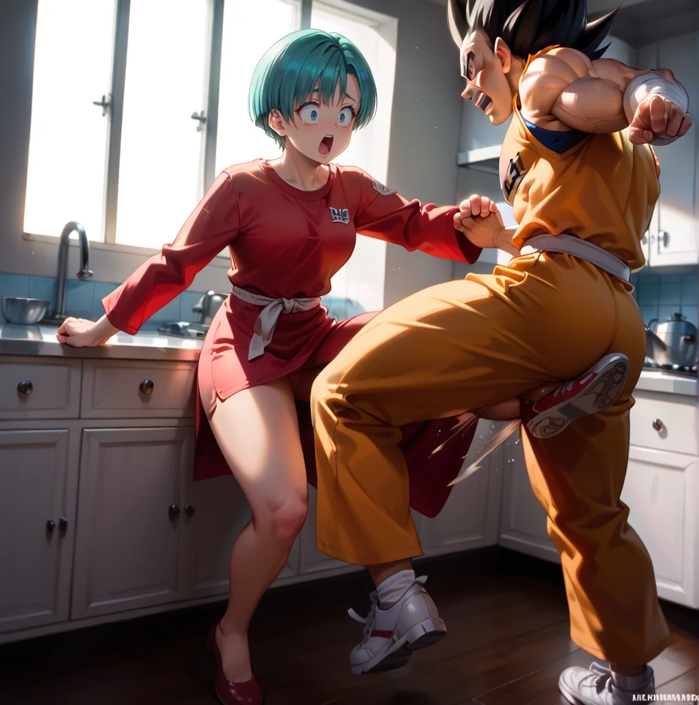 score_9, score_8_up, score_7_up, best quality, masterpiece, source_anime, rating_safe , zPDXL2, BREAK,  1boy, 1girl, vegeta, bulma, shocked, pain, open mouth ,crotch kick, kicking  ,ballbusting, knee kick,  kitchen  ,<lora:crotch_kick:1.8>   from side