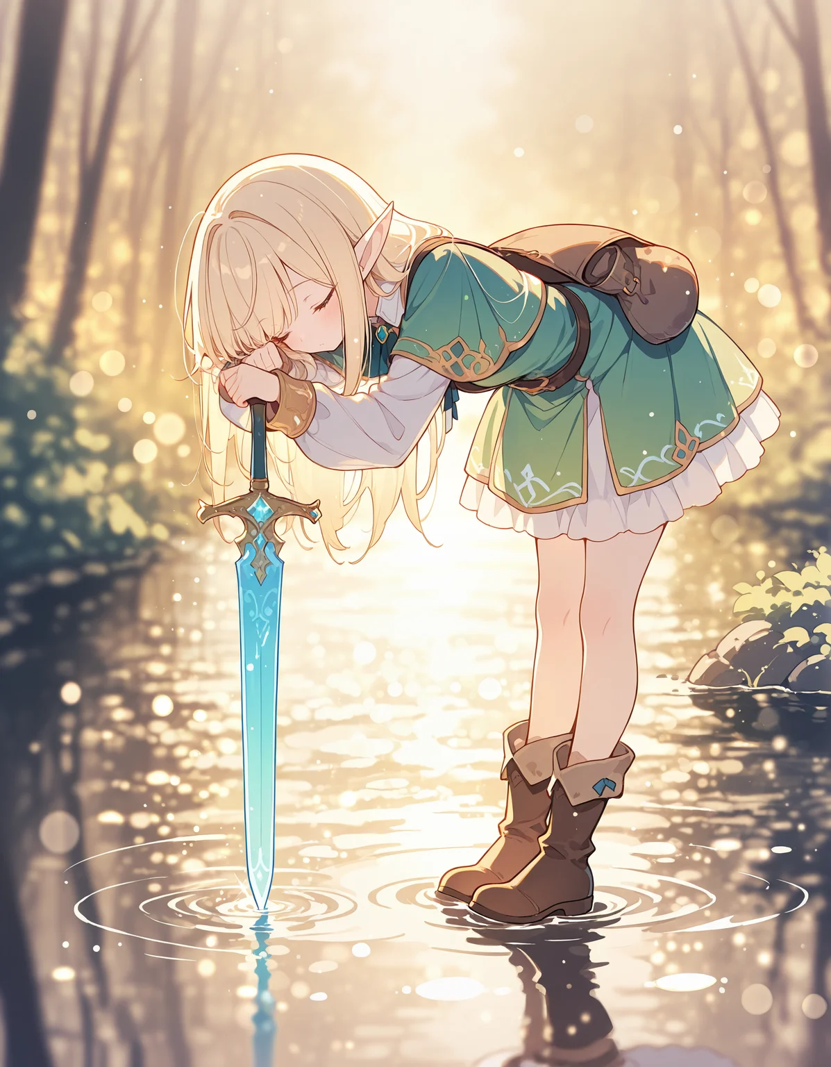 masterpiece, best quality, newest, highres, absurdres, <lora:Bright_style:1>,Bright_illu, 1girl, pointy ears, water, closed eyes, weapon, solo, sword, long hair, bag, dress, blurry, boots, blonde hair, outdoors, blurry background, leaning forward, depth of field, elf, bangs, long sleeves,light particles, bokeh,