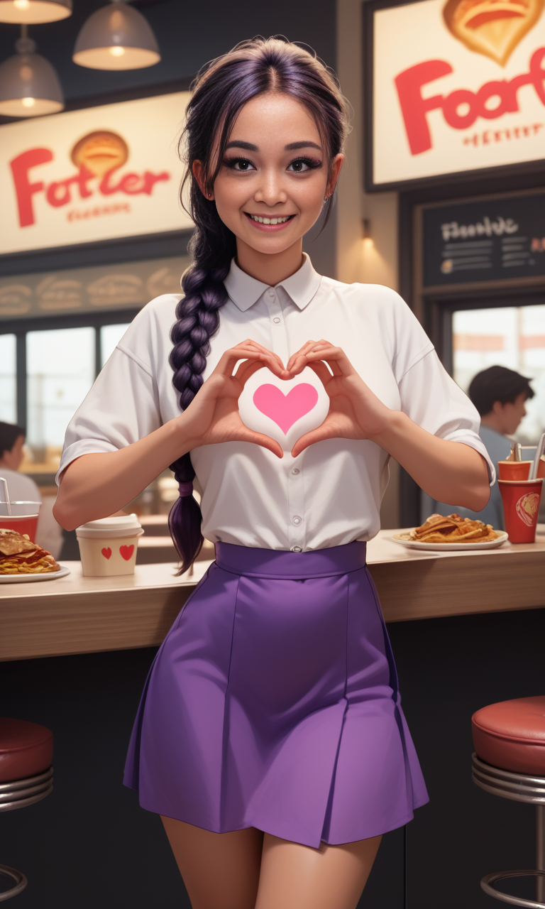 score_9, score_8_up, score_7_up, score_6_up, score_5_up, score_4_up,  slim girl in a fast food restaurant  ,  fiheartcl,  making heart with hands, purple short skirt and white blouse   , a dark braided ponytail    <lora:FingerHeartPony:.8>