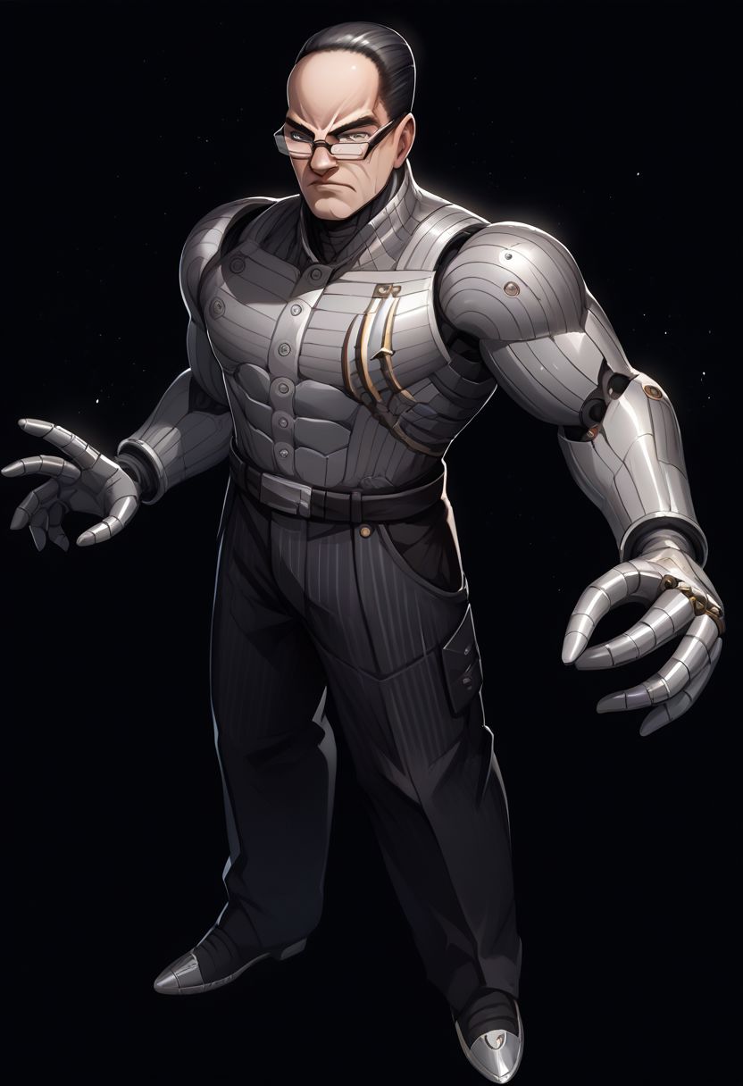 score_9, score_8_up, score_7_up,newest,safe,rating_safe,source_anime,ncrender,black background,1boy,SenArmStrong, grey eyes, black hair, buzz cut, glasses,dynamic pose,full body,metallic skin,biomechanical