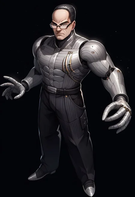 score_9, score_8_up, score_7_up,newest,safe,rating_safe,source_anime,ncrender,black background,1boy,SenArmStrong, grey eyes, black hair, buzz cut, glasses,dynamic pose,full body,metallic skin,biomechanical