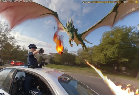 score_9, score_8_up, score_7_up, BREAK
pov, police bodycam footage, first person, low quality camera, low resolution, poor quality footage, motion blur, scan lines, fake screenshot, fisheye lens, english text, BREAK,
(realistic dragon flying above, breathing fire on police:1.6), car, tree, burning