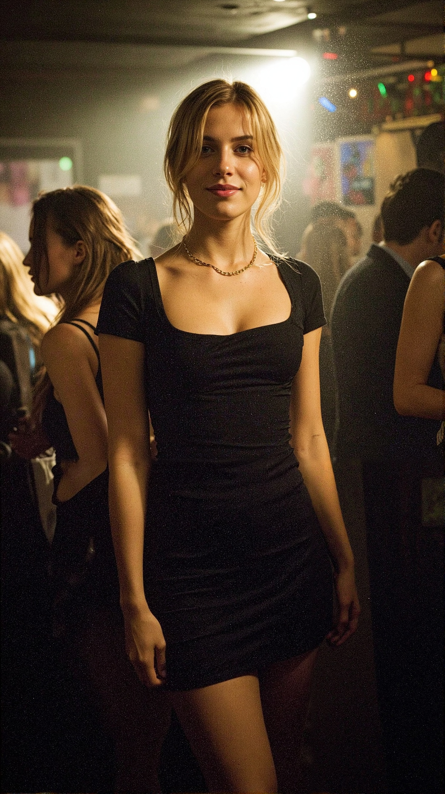 A hyper-realistic, cinematic portrait of a confident woman standing in a dimly lit nightclub, captured in soft, atmospheric lighting. She is posed naturally, standing slightly angled toward the camera with a relaxed, composed expression. Her gaze is calm and self-assured, with a faint, knowing smile on her lips. She has flawless skin with a warm, golden undertone, illuminated by the low ambient light around her. Her eyes subtly reflect the scattered coloured lights in the background, lending them depth and realism.

Her blonde hair is styled loosely, softly framing her face and flowing gently over her shoulders. Individual strands of hair catch the backlight, producing a delicate halo effect that separates her from the shadowy background. The lighting is cinematic, with a soft spotlight gently highlighting her figure while retaining moody contrast around the edges. Subtle skin texture and realistic lighting gradients on her shoulders and collarbone create a rich, tangible presence.

She is wearing a tight, ruched black cocktail dress with a square neckline, which elegantly accentuates her silhouette. The fabric is matte and subtly textured, clinging naturally to her form and showing soft, realistic wrinkles and folds. The short sleeves and neckline are rendered with natural stretch and shadowing, and a thin gold chain necklace around her neck catches the light, adding a touch of glamour without overpowering her understated elegance, she is wearing black pump shoes.

In the background, a blur of clubgoers is visible—figures in soft focus and dim, coloured lighting. Hazy golden spotlights filter through smoke or mist, evoking the atmospheric energy of a busy underground venue. Slight reflections and bokeh effects hint at colourful LED lighting, and wall art or posters add chaotic, vibrant texture without distracting from the subject.

The overall tone is warm, cinematic, and sensual—designed to evoke both the intimacy of a candid portrait and the style of a fashion editorial. The image should feel like a moment frozen in time: glamorous, real, and alive with subtle detail. Realistic depth-of-field, ambient occlusion around the contours of her body, and precise skin shading elevate the image from stylised to truly photo-real.

The image is vertically composed in 2:3 aspect ratio to resemble professional fashion photography, with high-resolution realism and advanced character detail. Skin microtextures, subtle makeup cues, and the tactile rendering of clothing and jewellery are emphasised for authenticity. The mood is effortlessly chic, confident, and modern.