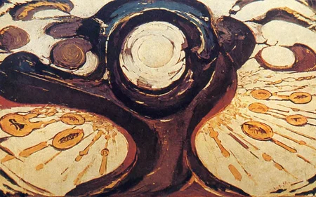 expressionism \(style\),symbolic painting \(genre\) ,<lora:david-alfaro-siqueiros_pony_v1:1> ' symbols ' by Siqueiros David Alfaro in 1944,, score_9, score_6_up, score_7_up