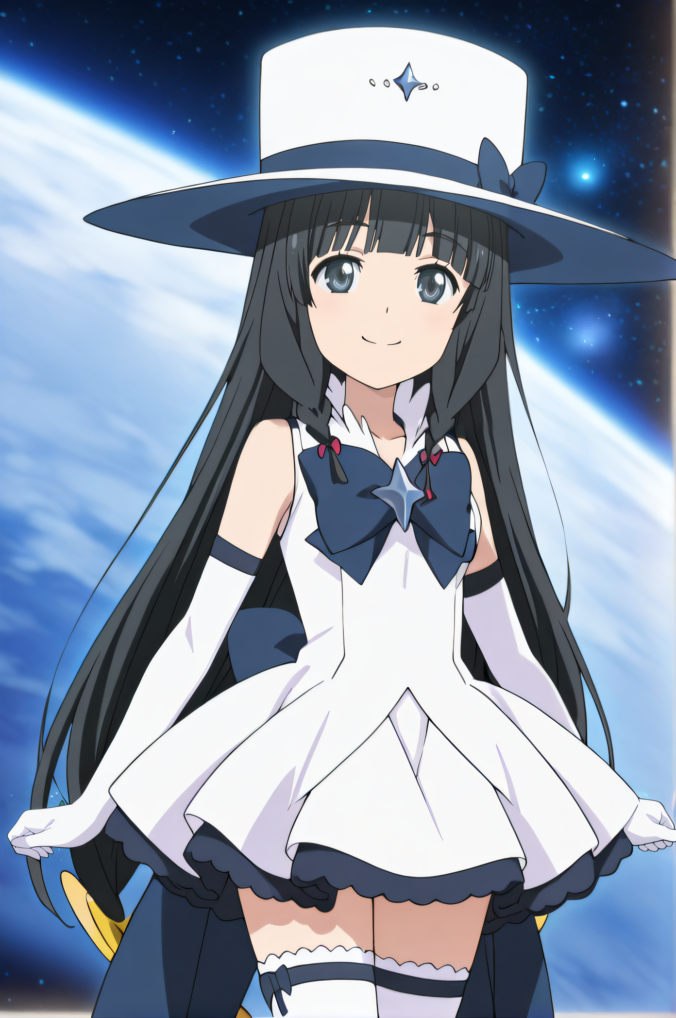 masterpiece, best quality, highres, newest, 1girl, solo, official style, anime screencap, <lora:Itsuki:1>, itsuki, black hair, grey eyes, twinbraids, magical girl, white hat, blue bow, white dress, white elbow gloves, white thighhighs, smile, cowboy shot, space,