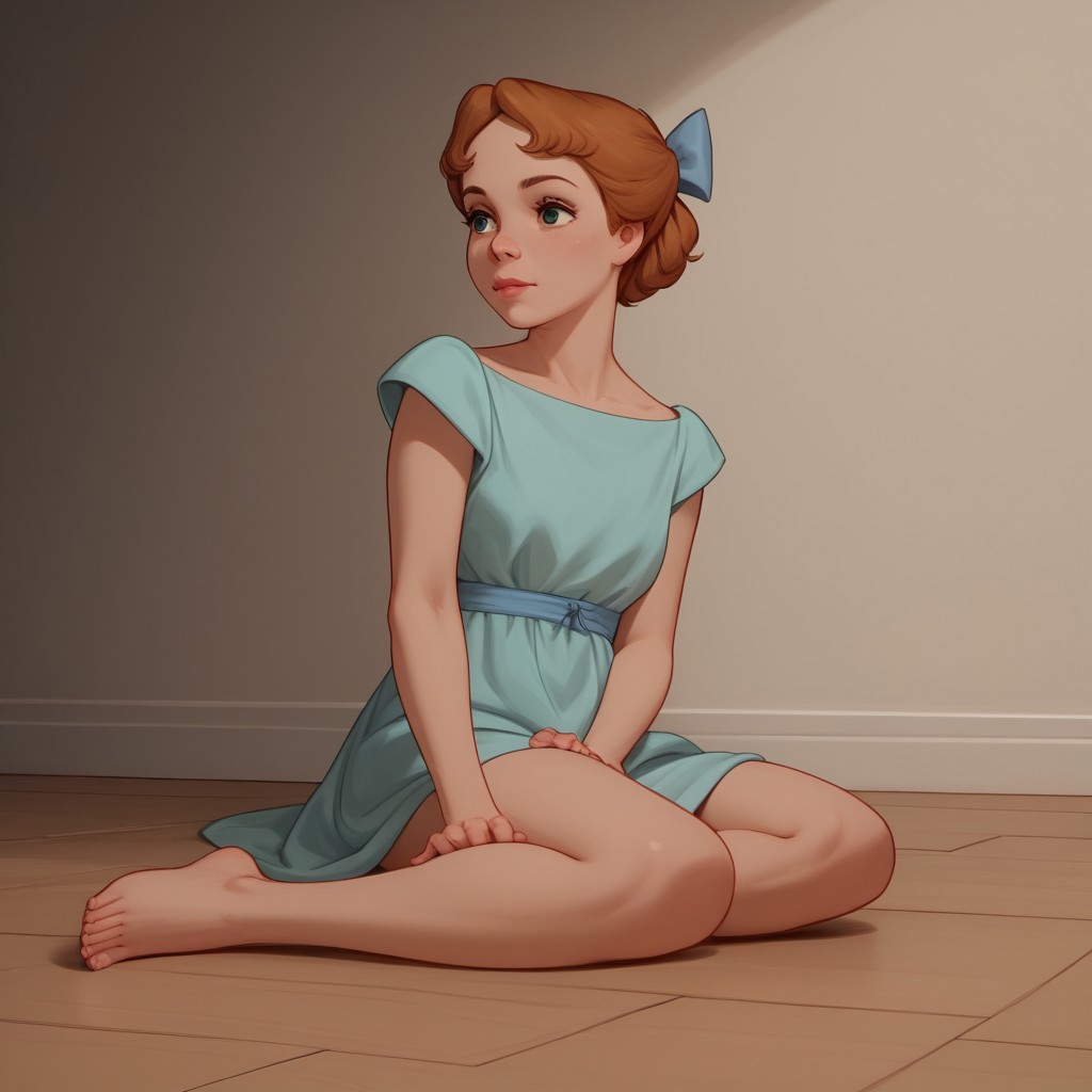 score_9, score_8_up, score_7_up, score_6_up, score_5_up, score_4_up, 1girl, wen_dy, sitting on the floor, barefoot