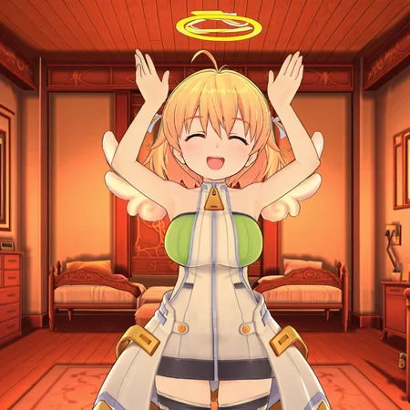 HDA_MasterpieceXL_v1.2, indoors, bedroom, focus on upper body, <lora:Yuna_-_Ore_ga_Shujinkou_I_am_the_Hero:1> Yunaimhero, blue eyes, blonde, large breasts, ahoge, angel wings, halo, bridal gaunlets, hair ribbons, bare shoulders, black thighhighs, skirt, zipper, <lora:caramelldansenPose_Illustrious_Mlaofmd:1> caramelldansen, arms up, closed eyes, :D, happy, smile