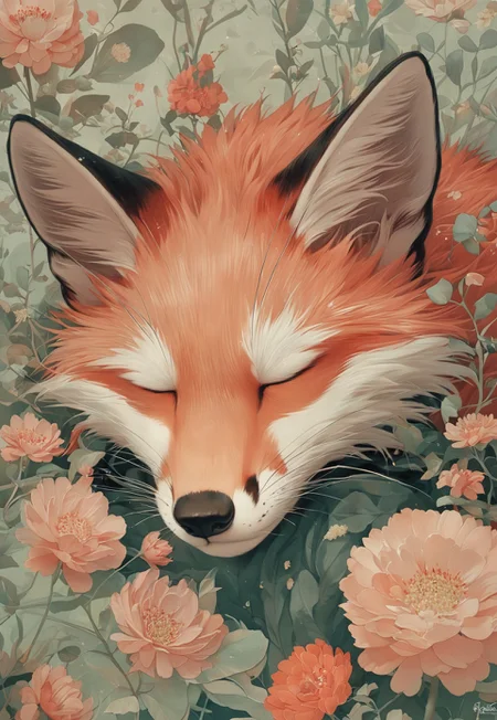 Score_9, score_8_up, score_7_up, score_6
(dim lighting, light particles, highres, closed_mouth:1.4, absurdres)
Fl0ralD0lls solo, closed eyes, flower, artist name, signature, no humans, animal, leaf, white flower, fox, sleeping, plant, red flower, pink flower, yellow flower, realistic, animal focus, orange fur, whiskers