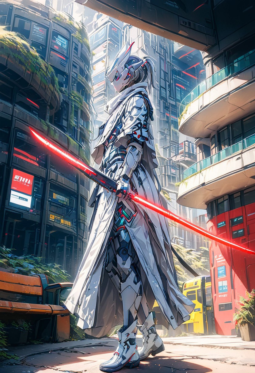 front view, BUS STATION, WAITING,  WHITE CYBORG WARRIOR, score_9, score_8_up, score_7_up, score_6_up, score_5_up, score_4_up, UHD, 8K, masterpiece, detailed, ultra_high_resolution, lots of detail, Ultra detailed photo realistic background, lots of detail, RED ILLUMINATED SWORD, cyberpunk, mad-hdwr, cyberpunk.