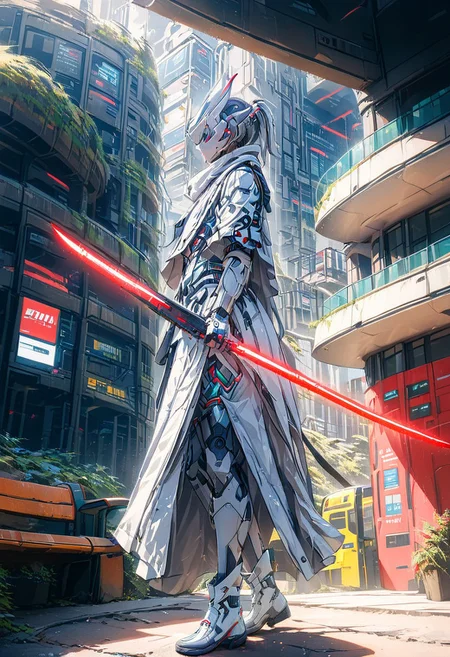 front view, BUS STATION, WAITING,  WHITE CYBORG WARRIOR, score_9, score_8_up, score_7_up, score_6_up, score_5_up, score_4_up, UHD, 8K, masterpiece, detailed, ultra_high_resolution, lots of detail, Ultra detailed photo realistic background, lots of detail, RED ILLUMINATED SWORD, cyberpunk, mad-hdwr, cyberpunk.