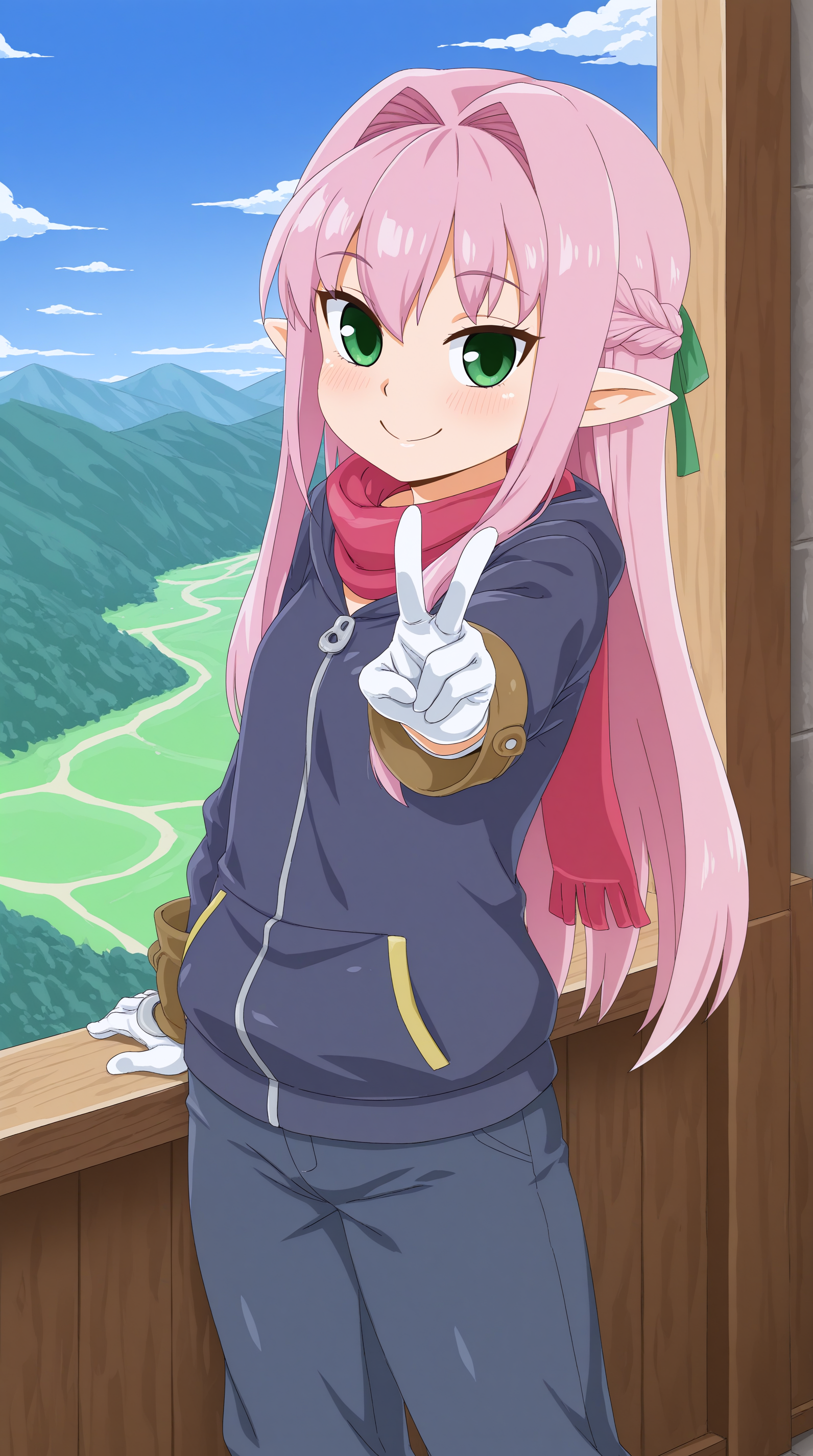 masterpiece, best quality, amazing quality, very aesthetic,  absurdres, best quality, 4k, upscale, indoors,   Sholico, yoMikami, outdoors, sky, landscape, (dynamic pose, foreshortening), 1girl, solo, pink hair, gloves, long hair, blush, green eyes, smile, pointy ears, scarf, white gloves, hair intakes, hoodie, pants, long sleeves, v,   <lora:youngMikami_ILv4:0.8>  <lora:Sholico_Magi_Fanta_G_Style:1>