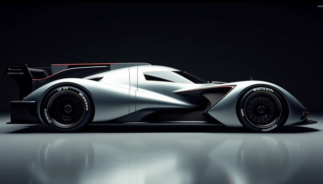 A picture of a futuristic race car prototype similar to a Mazda 787B yfg-sde in a dark studio. Perpendicular shot from the side.