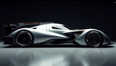 A picture of a futuristic race car prototype similar to a Mazda 787B yfg-sde in a dark studio. Perpendicular shot from the side.