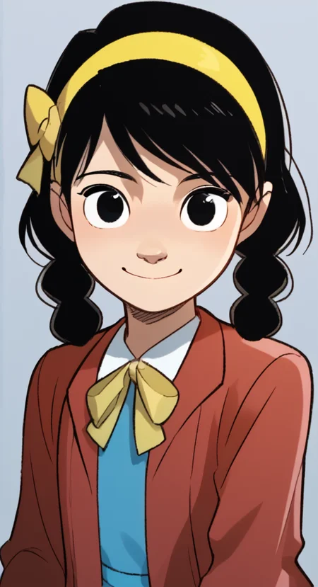 score_9, solo, Roberta Lee, Twin braids, Black Hair, yellow headband, red jacket, blue dress, black eyes, bow, white pantyhose, looking at viewer, smile, upper body, <lora:Roberta_Lee-000014:0.9> <lora:naip33:1>