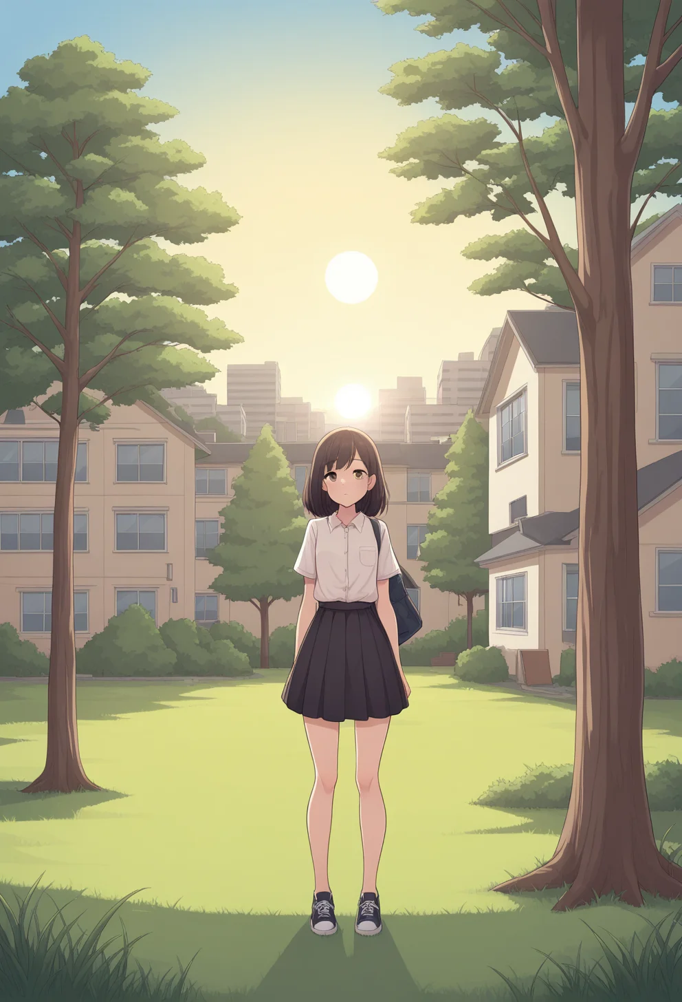 masterpiece, best quality, absurdres, j@b_style,
1girl, standing,
shirt, shoes, skirt,
full_body,
building, window, grass, tree, sun, day,