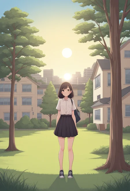 masterpiece, best quality, absurdres, j@b_style,
1girl, standing,
shirt, shoes, skirt,
full_body,
building, window, grass, tree, sun, day,
