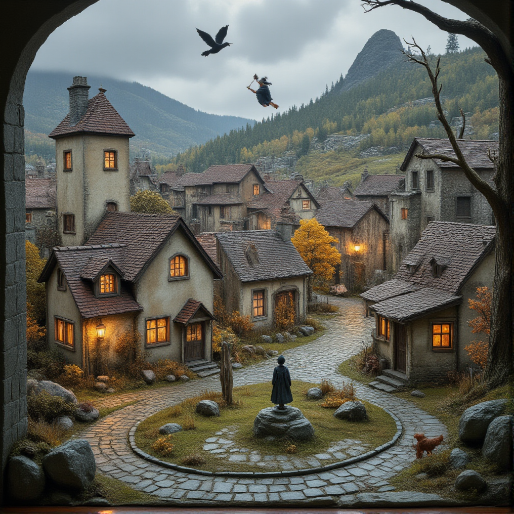A miniature diorama of a miniature world of a town lined with old buildings reminiscent of medieval Europe, and young, beautiful witches flying on broomsticks in the sky. Each roof and wall has been carefully weathered, and the professional lighting has produced a finish with such exquisite detail that it is indistinguishable from the real thing.
<lora:Flux.1_Turbo_Detailer:0.7>, <lora:Diorama_Flux:0.9>