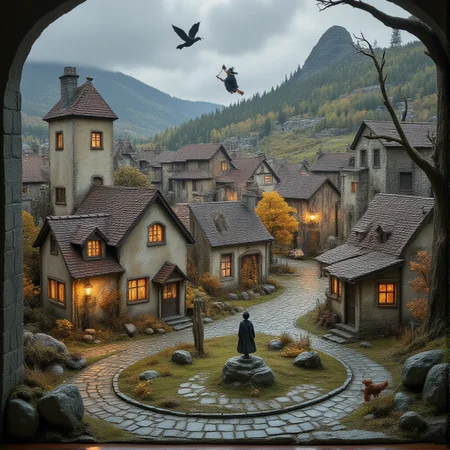 A miniature diorama of a miniature world of a town lined with old buildings reminiscent of medieval Europe, and young, beautiful witches flying on broomsticks in the sky. Each roof and wall has been carefully weathered, and the professional lighting has produced a finish with such exquisite detail that it is indistinguishable from the real thing.
<lora:Flux.1_Turbo_Detailer:0.7>, <lora:Diorama_Flux:0.9>