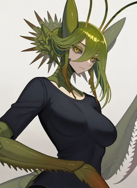 artist:, masterpiece, best quality, newest, very awa, absurdres, highres, mnts, 1girl, blue carapace, green hair, Cornrows hair, black shirt, official, looking at viewer, daytime, detailed, <lora:SDXL\Illustrous\Concept\Mantis_girl_concept:1.0>