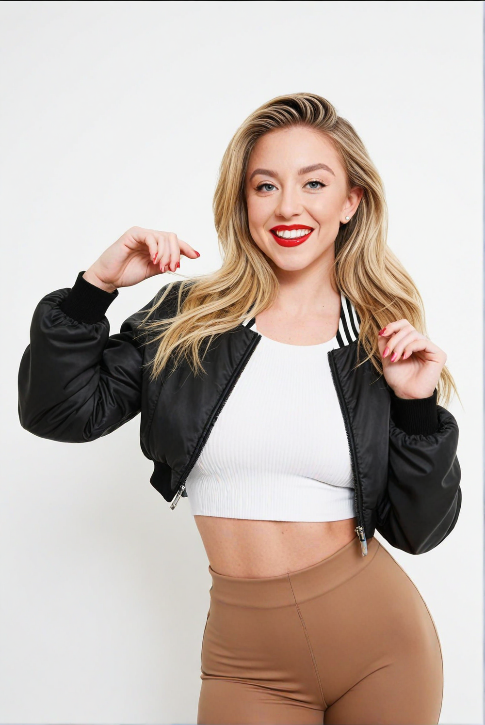sydneysweeney, red lipstick, smile, full body, crop top, jacket, pants, white background, realistic textures, 8k uhd, dslr, ultra high quality image, film grain
<lora:sydneyXL:1>