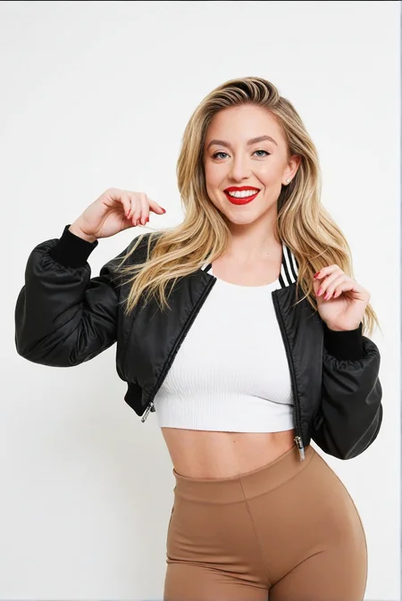 sydneysweeney, red lipstick, smile, full body, crop top, jacket, pants, white background, realistic textures, 8k uhd, dslr, ultra high quality image, film grain
<lora:sydneyXL:1>