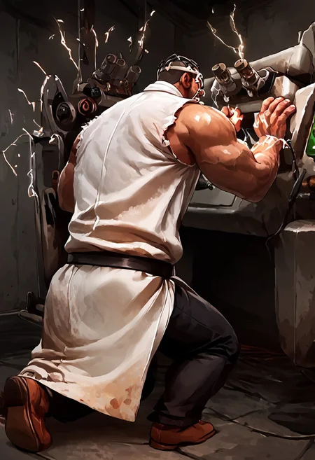 score_9, score_8_up, score_7_up, source_videogame, 1boy, solo, dbd_doctor, teeth, white robe, black tie, black trousers, brown shoes, male focus, muscular, thick things, electricity, generator, kneeling, from behind, working on a generator, object, machinery,
