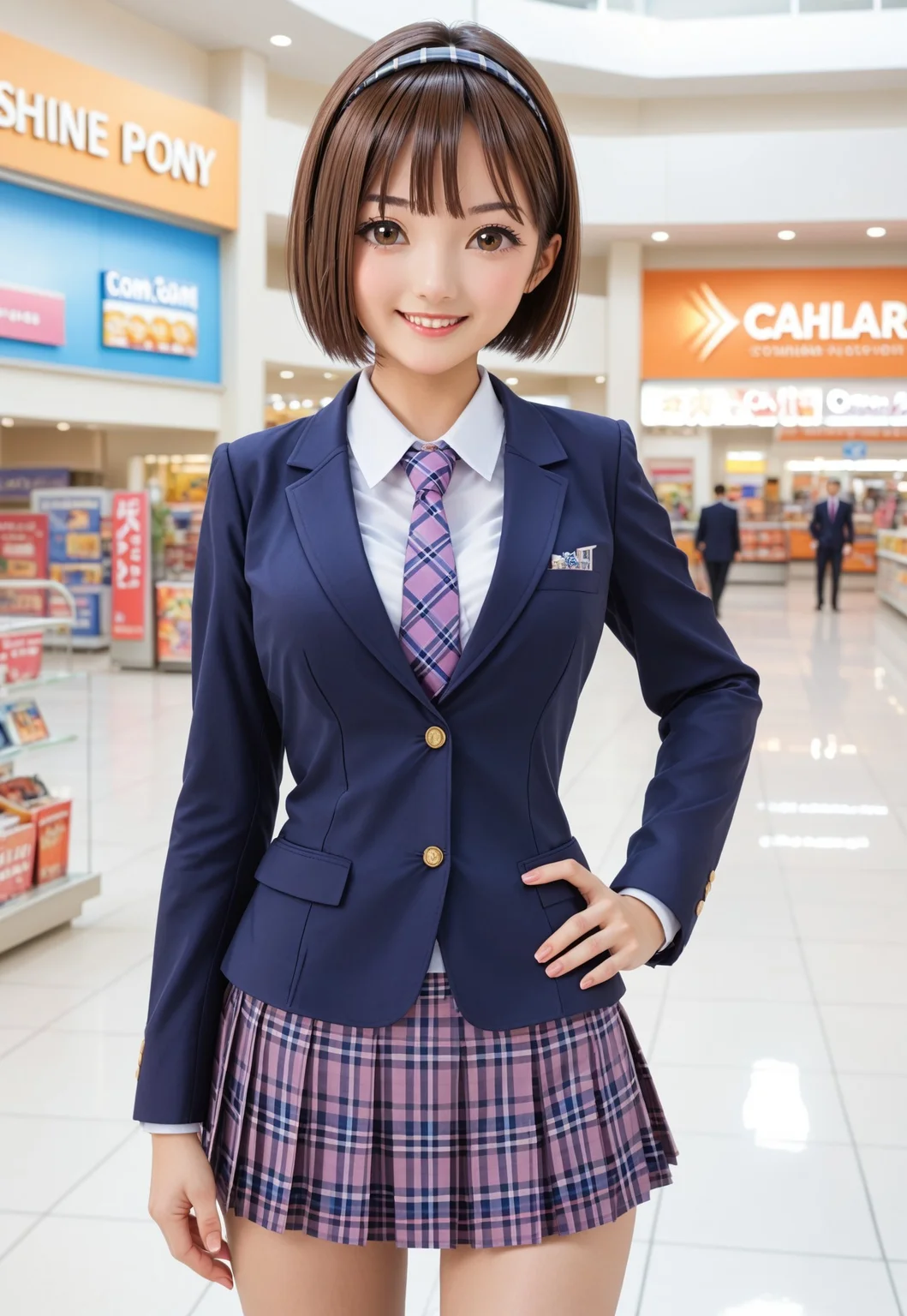 safe_pos, 1girl, solo, looking at viewer, short hair, skirt, shopping mall, mall background, center of attention, brown hair, white background, brown eyes, school uniform, standing, jacket, cowboy shot, pleated skirt, hairband, necktie, hand on hip, plaid, plaid skirt, bob cut, blazer, Hoshizaki Ao, school uniform outfit,<lora:Hoshizaki_Ao_Blue_Reflection_Pony:0.95>, sexy pose, sexy smile,