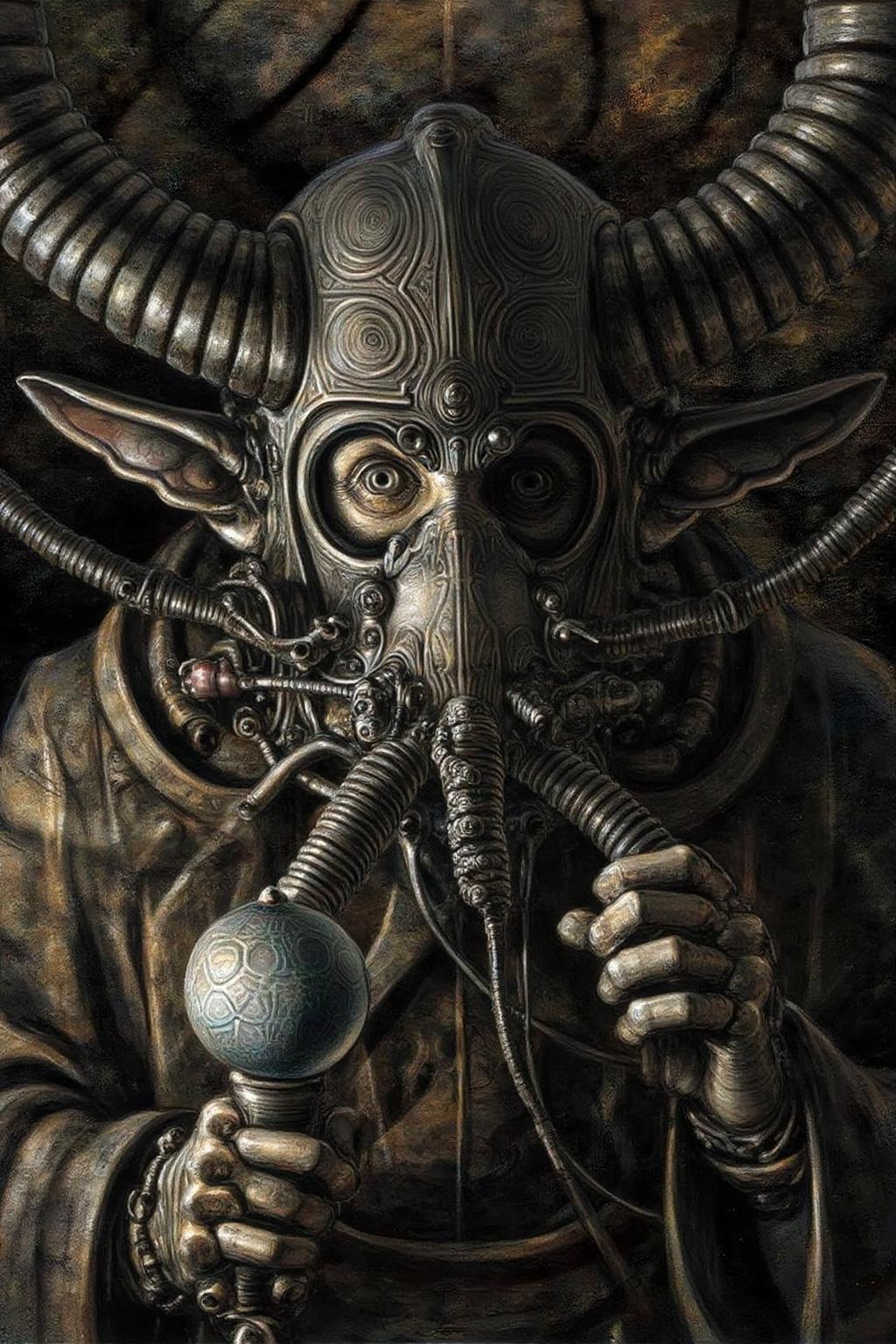 juangimenez1 illustration. An elderly man wearing a steampunk-style horned helmet and breathing apparatus, with mechanical components, holding a spherical scepter. The background is dark and indistinct. <lora:juangimenez1_cap_d8a4e12:1.0><lora:857649699493048901:0>