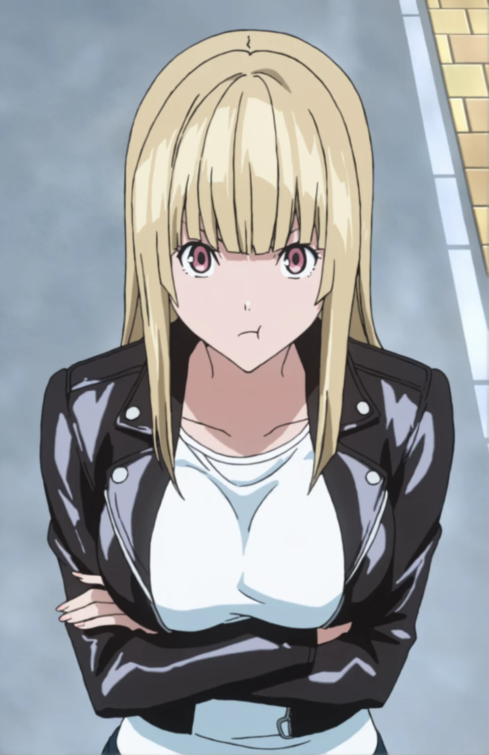 BakumanStyle, 1girl, solo, blonde hair, straight hair, bangs, long hair, pink eyes, leather jacket, big breast, street, white shirt, front view, above view, portrait, looking at viewer, :t, crossed arms
