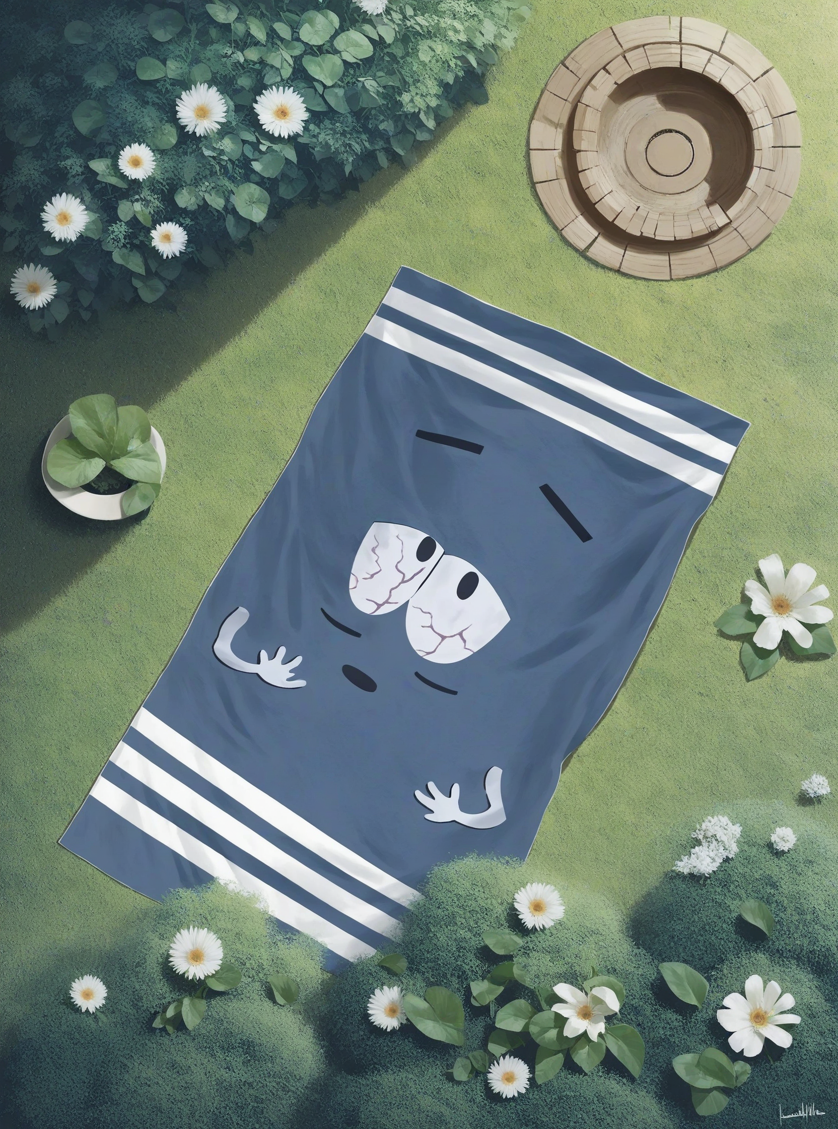 score_9, score_8_up, score_7_up, score_6_up, 1girl, white Textured Quiff with Tapered Sides hair, makeup, lipstick, hud_twlie, outdoors, towel, from above, <lora:towelie_r1:0.8>, garden