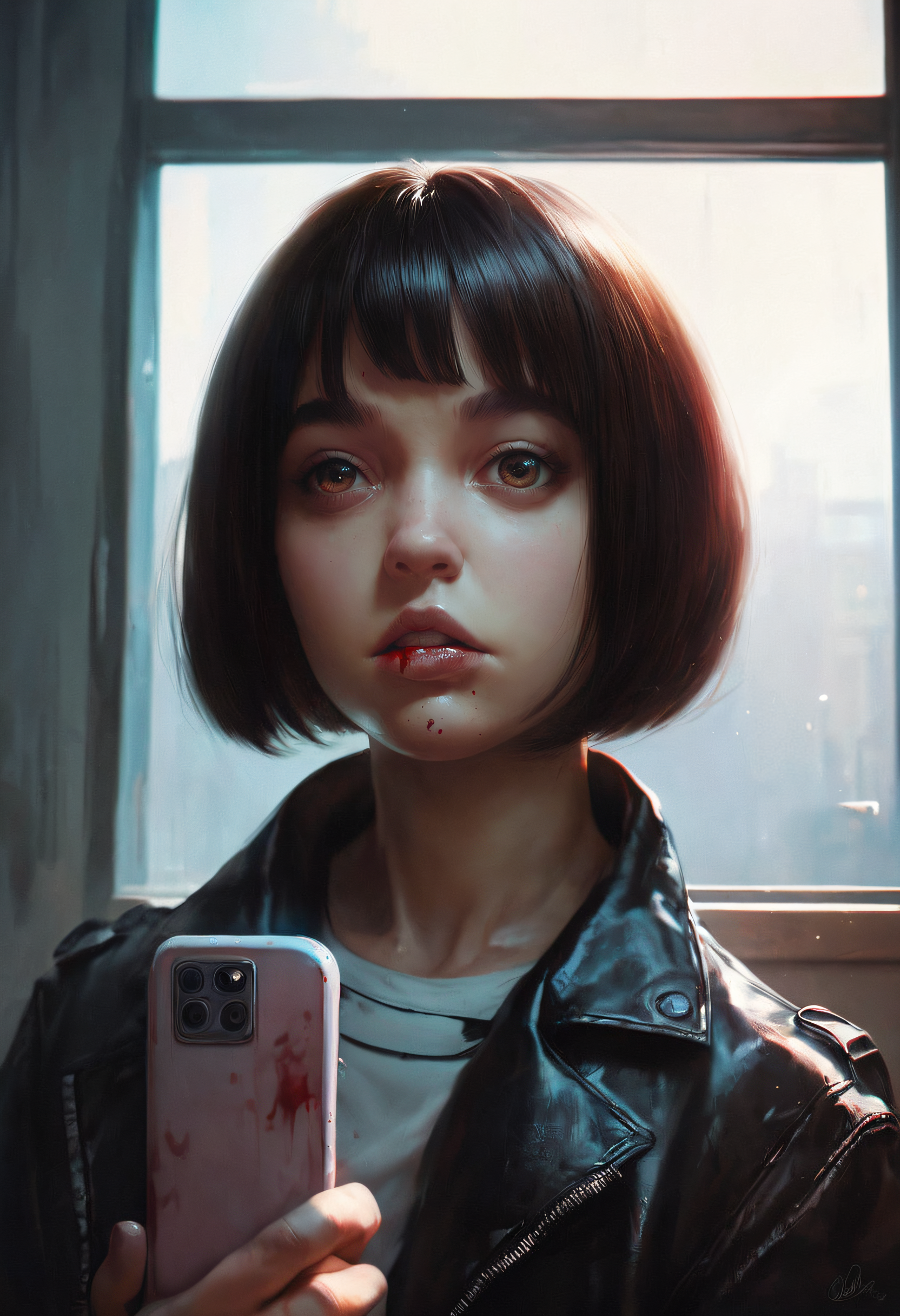score_9, score_8_up, score_7_up, score_6_up, zy_ash, 1girl, solo, looking at viewer, short hair, bangs, brown hair, shirt, black hair, holding, brown eyes, jacket, parted lips, solo focus, lips, window, blood, phone, bob cut, cellphone, portrait, holding phone, realistic, leather jacket, talking on phone, <lora:zy_ash_v1:.7>
