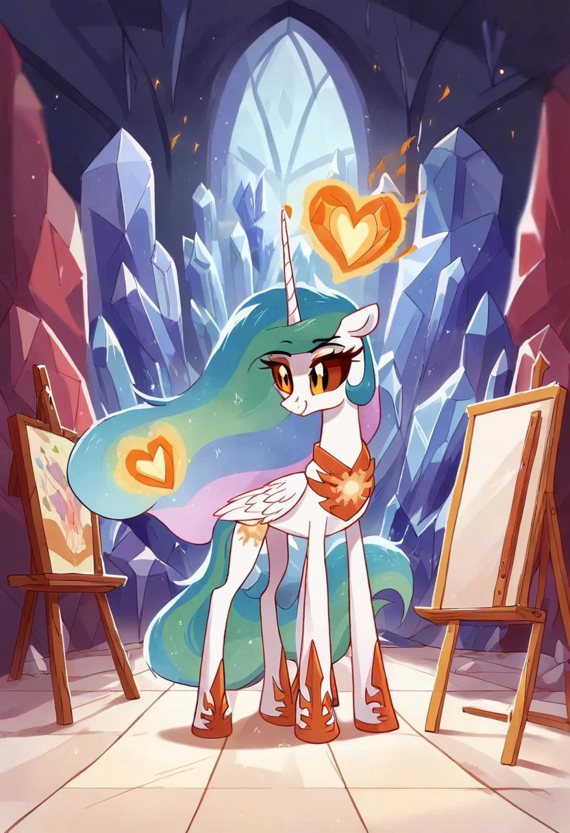 score_9, score_8_up, score_7_up, score_6_up, score_5_up, score_4_up, The dark side of Celestia, Daybreaker, alicorn pony, g5, rich colors, crystal castle, Crystal Empire, crystal heart in the center of the square, presents a painting of rabbits and pony, aroused, front view, detailed background, pony, solo, detailed, 8k quality, side view, beautiful, teasing, easel and brushes, leaned to the floor, free actions,