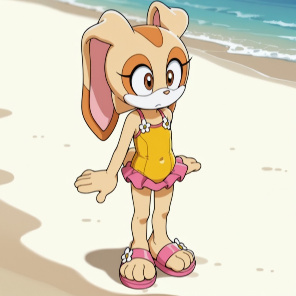 masterpiece, best quality, amazing quality, CreamcheeseSXil, anthro, female, rabbit girl, tan fur, brown eyes, flower buttons yellow swimsuit pink trim, flower buttons, pink skirt, pink sandals, standing, on beach, <lora:804a159c-23c0-4700-83ae-acb537251415:1.0>