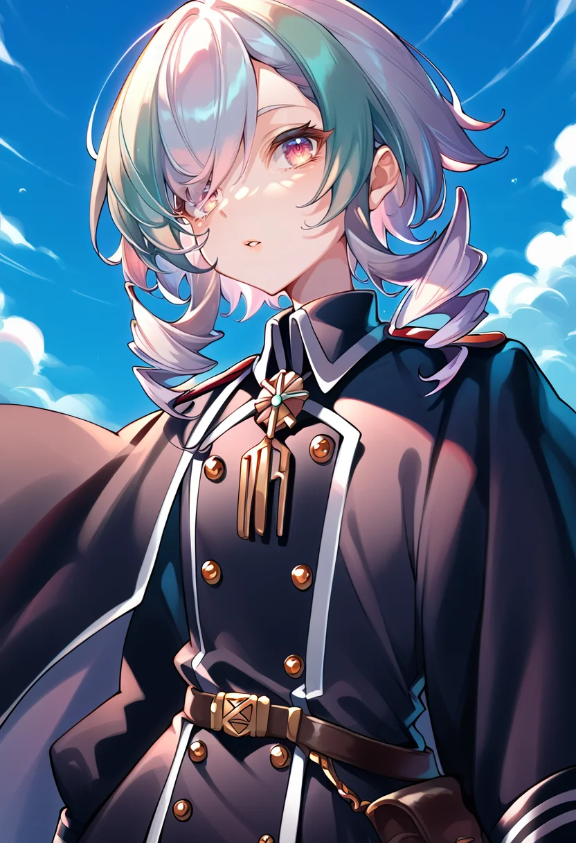 (score_9:0.9),score_8_up,score_7_up,anime style,rating_safe,(zPDXL),<lora:sky striker ace - camellia ponyXL v2:0.75>, sky striker ace - camellia, black military uniform, black single shoulder cape, looking at viewer, solo, parted lips, emphasis lines