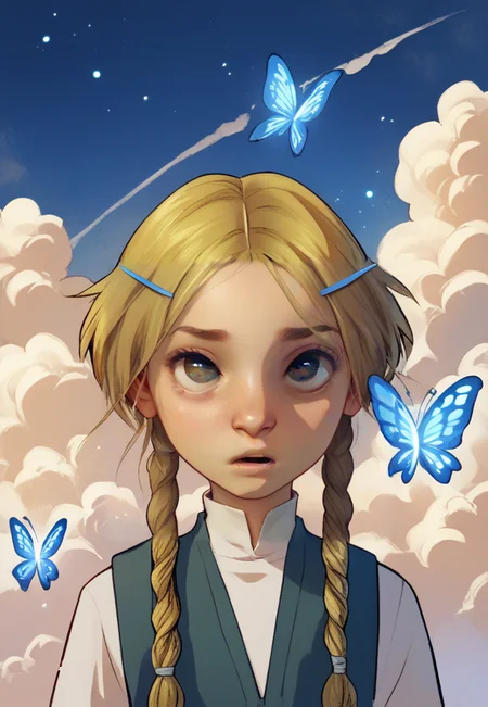 score_9, score_8_up, score_7_up, solo focus, solo, 1girl, Elyon-Escanor, blonde, dual braids, tending garden, blue eyes, glowing butterflies, starry sky, clouds, <lora:Hoshino:1>  <lora:PerfectEyesXL:.5>  <lora:Sinfully_Stylish_dramitic_bold_lighting:.7> <lora:W.I.T.C.H._Elyon_Escanor:1>